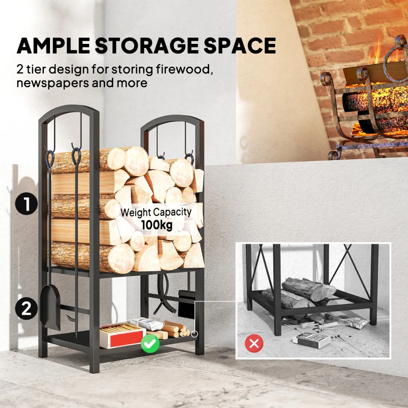 Outsunny Metal Firewood Log Holder 2 Layer Firewood Rack Indoor Outdoor Fireplace Wood Storage Shelf with 4 Tools and Hooks, Black, 40L x 30W x 74.5H cm