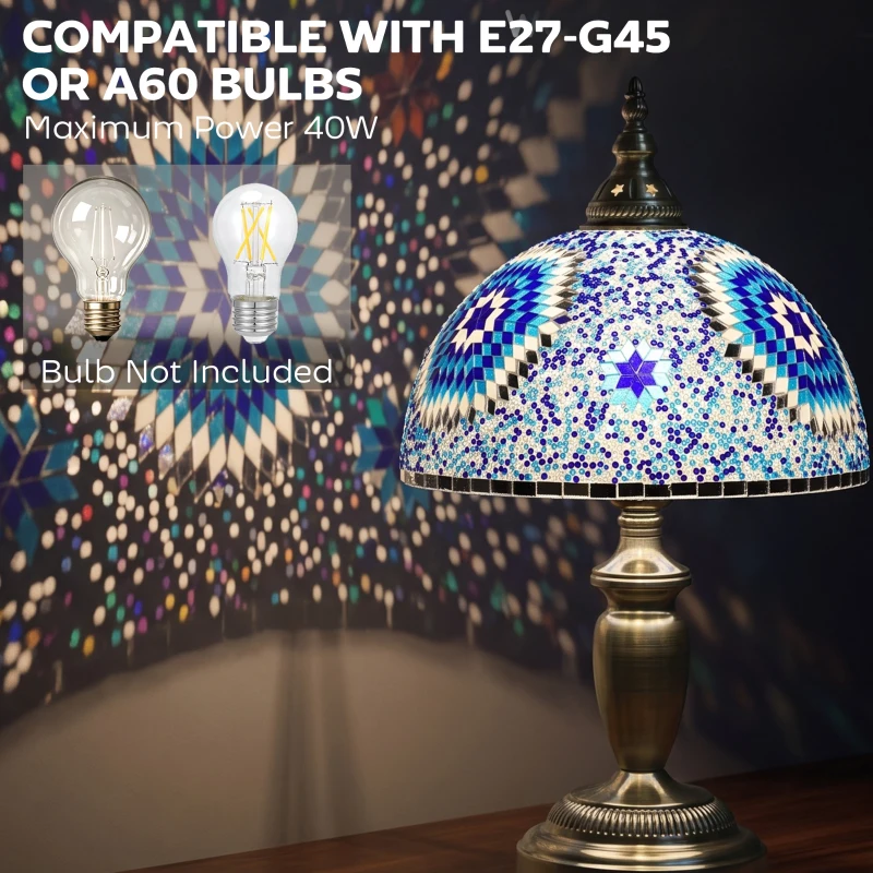 HOMCOM Tiffany Lamp, Stained Glass Bedside Table Lamp with Button Switch and Metal Base, 12 x 12 x 20 Inches, Blue