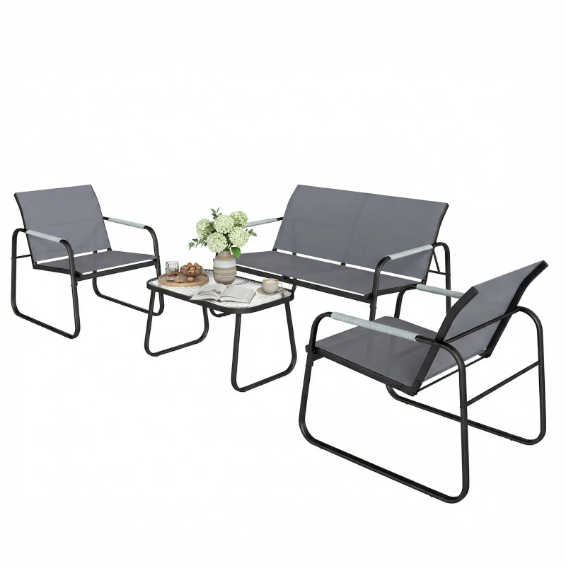 Outsunny Salon de Jardin Ensemble de Terrasse en Acier et Textilène 4 Pièces avec Accoudoirs Corde Tressée Gris