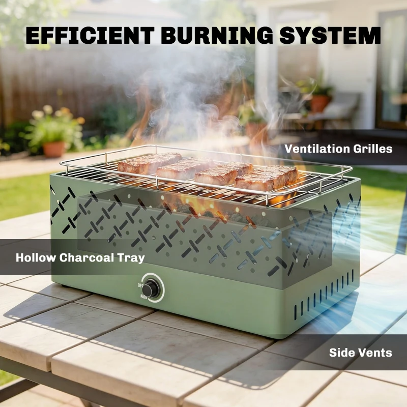 Outsunny Portable Charcoal BBQ Grill, Battery Powered Barbecue Grill with Built-in Fan for Camping Picnic, Light Green