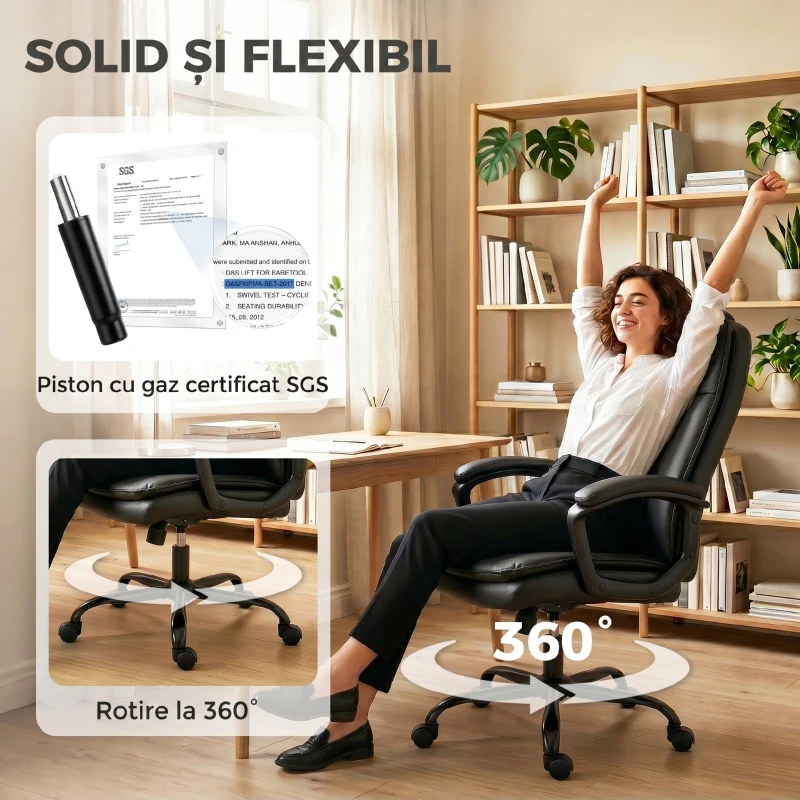 HOMCOM Scaun de Birou Rotativ din Piele PU, Funcție Legănare, Spătar Înalt, Reglabil pe Înălțime, Suportă 120 kg, Negru