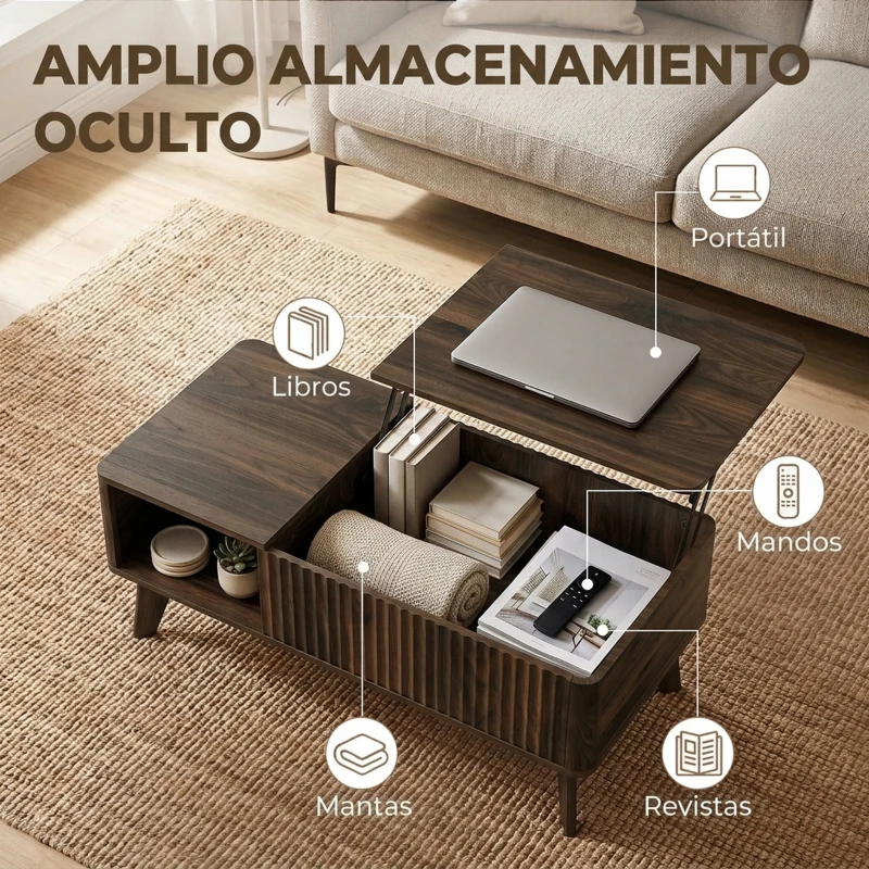 HOMCOM Mesa de Centro Elevable con Compartimento Oculto Estantes Abiertos Frontal Ondulado 100x48x41-56 cm Nogal