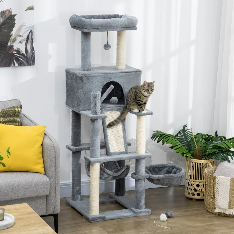 PawHut Albero Tiragraffi per Gatti con Pali in Sisal, Casetta, Lettino e Amache, 48x48x140cm, Grigio