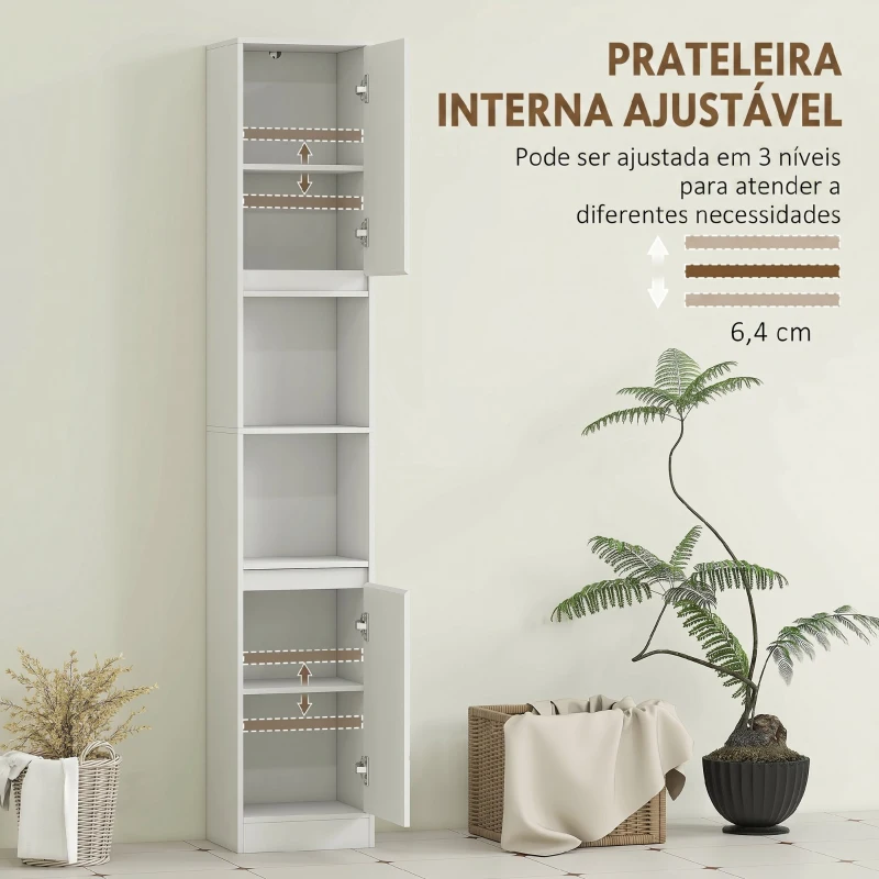 HOMCOM Coluna Estreita para Casa de Banho com 2 Portas e 2 Prateleiras Abertas, Ideal para Espaços Pequenos, 30x24x170 cm, Branco