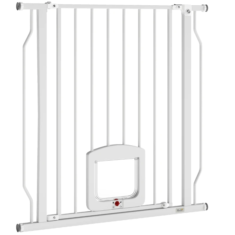 PawHut Barreira de Segurança Extensível para Cães 75-85 cm para Portas e Escadas com Portinhola Pequena Montagem por Pressão Duplo Bloqueio Branco