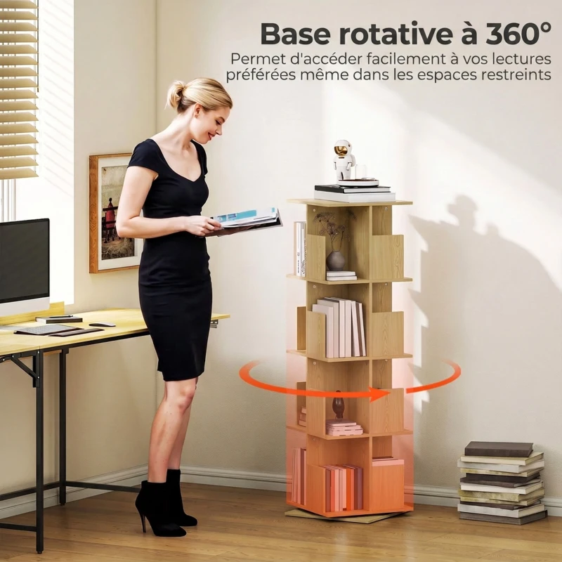 HOMCOM Bibliothèque Rotative à 4 Niveaux, Étagère Rangement avec 16 Compartiments, 39 x 39 x 128,3 cm, Chêne