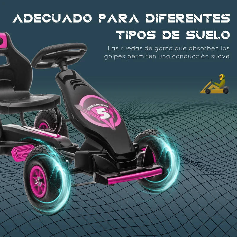 HOMCOM Coche de Pedales para Niños de 5-12 Años con Asiento Ajustable Neumáticos Inflables Amortiguador Carga 50kg Negro y Rosa
