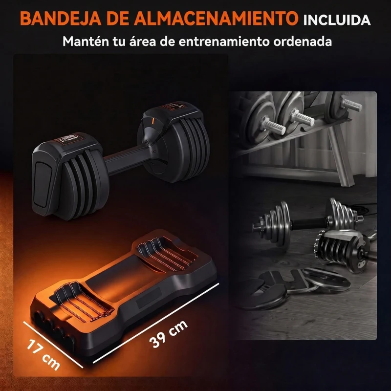 SPORTNOW Mancuerna Ajustable 11 kg Set 5 en 1 con Sistema Ajuste Rápido Bloqueo de Seguridad Agarre Antideslizante y Base