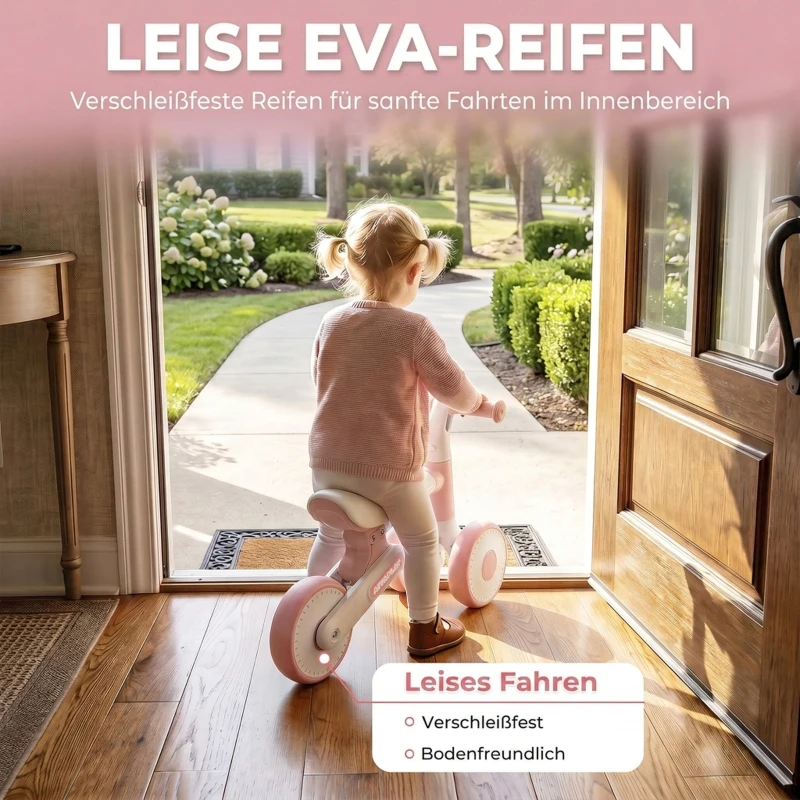 AIYAPLAY Opvouwbare kinderloopfiets met stille EVA-wielen en verstelbare zitting, voor 1-2 jaar, roze