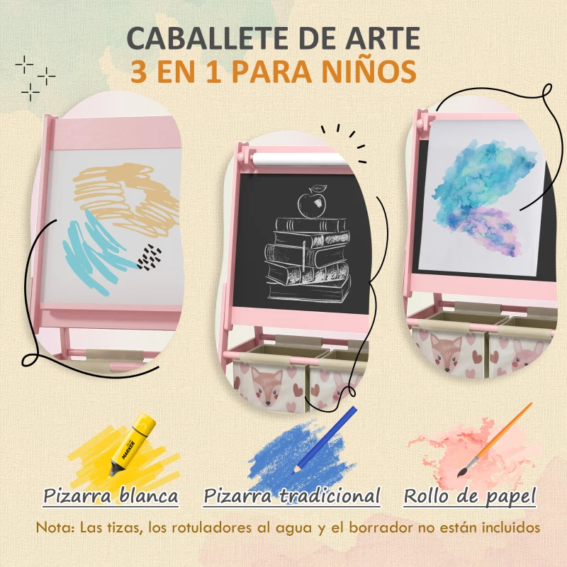 AIYAPLAY Caballete Infantil 3 en 1 Caballete para Niños de Doble Cara con Rollo de Papel Pizarras y 2 Cestas 54x46,5x93 cm Rosa