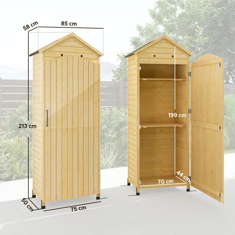 Outsunny Armoire de Jardin en Bois Toit Acier Galvanisé Texture Gaufrée Étagères Réglables 85x58x213cm Bois Naturel