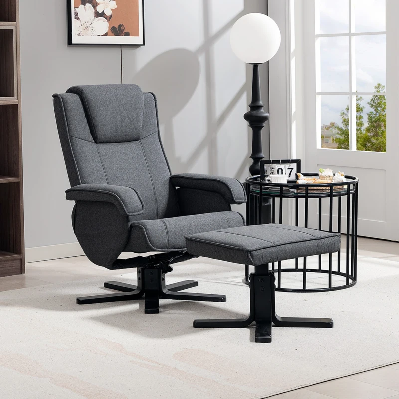 HOMCOM Swivel Recliner Chair with Footstool - Charcoal Grey Linen