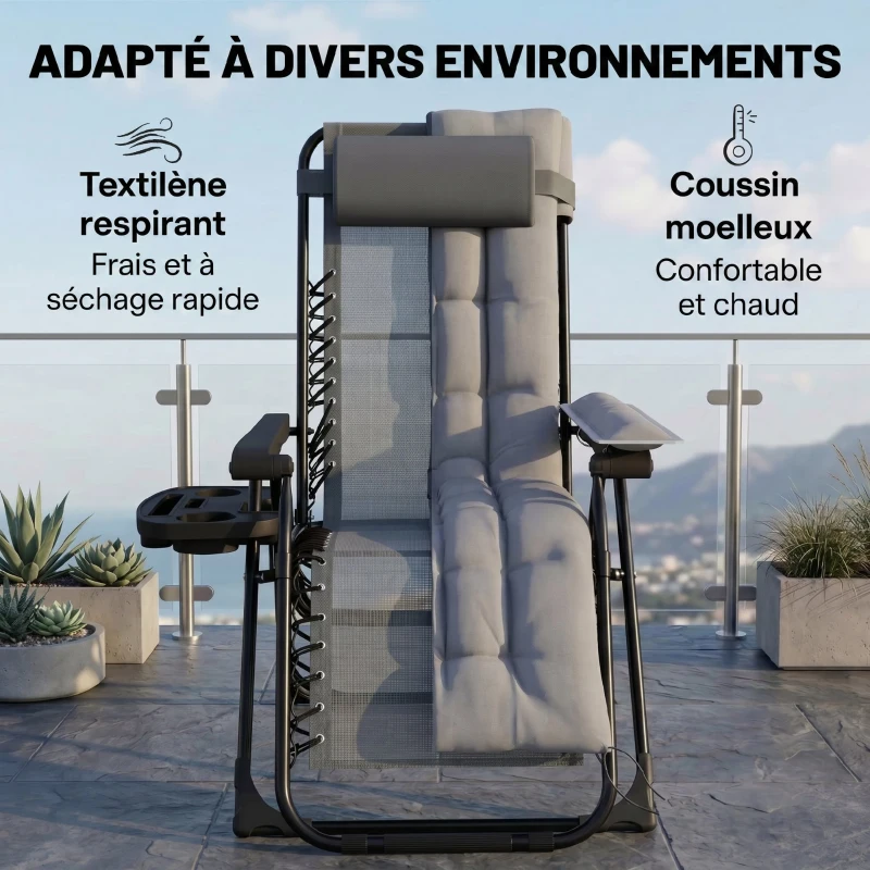 Outsunny Chaise de Gravité Zéro avec Accoudoirs, Coussin, Porte-Gobelet, Appuie-tête, Dossier Réglable, 65x93x108cm, Gris Clair