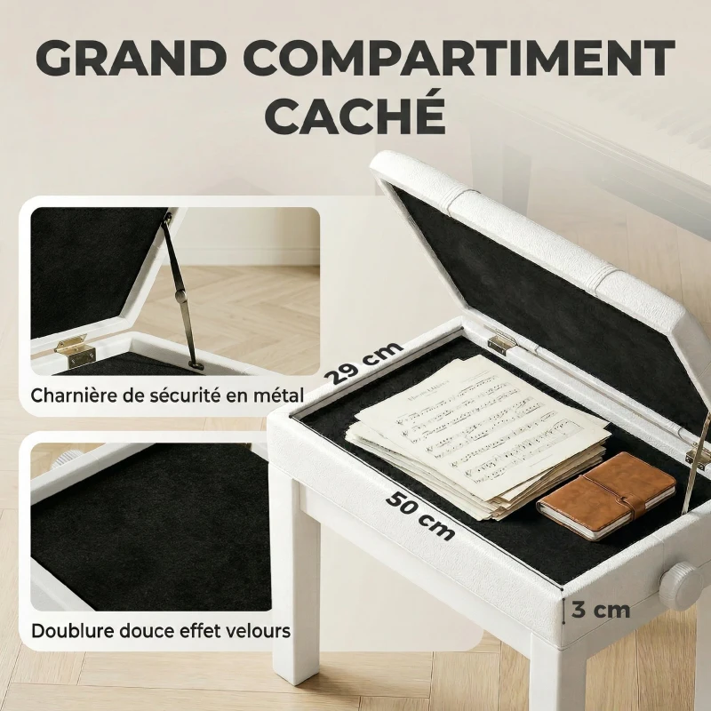 HOMCOM Banquette tabouret siège pour piano coffre intégré hauteur réglable bois hévéa assise revêtement synthétique blanc