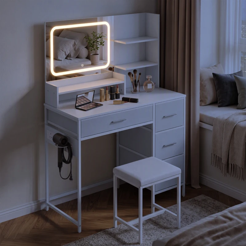 HOMCOM Dressing Table with 3-Colour LED Mirror, Power Outlet, Vanity Desk with 4 Drawers, 5 Shelves, Hair Dryer Holder