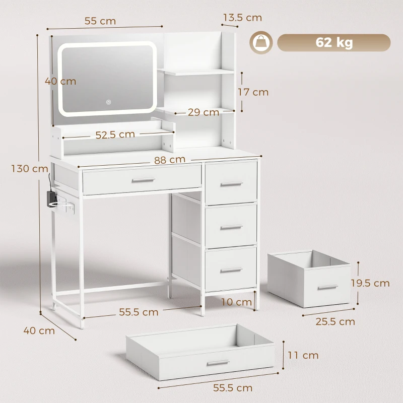 HOMCOM Dressing Table with 3-Colour LED Mirror, Power Outlet, Vanity Desk with 4 Drawers, 5 Shelves, Hair Dryer Holder