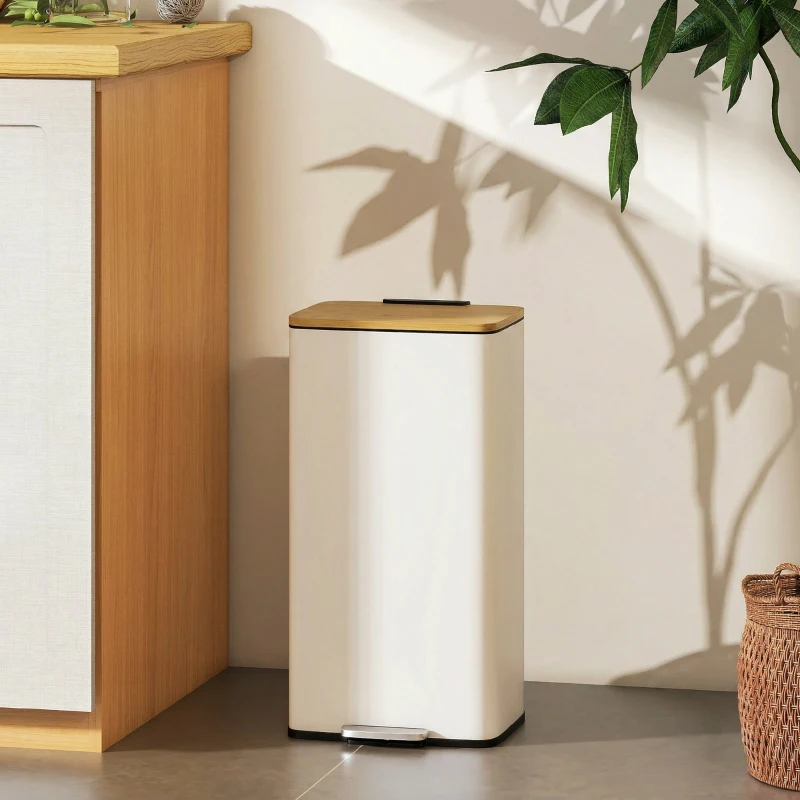 HOMCOM Poubelle de Cuisine 20L, Poubelle avec Pédale, Couvercle en Bambou à Fermeture Douce, Seau Intérieur Amovible, Blanc
