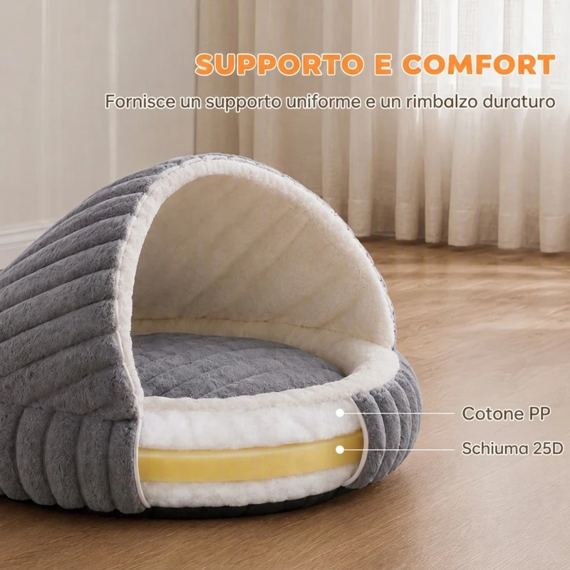 PawHut Letto per Gatti Fino a 5 kg Rotondo Semichiuso in Peluche Effetto Coniglio con Cuscino Lavabile, Grigio