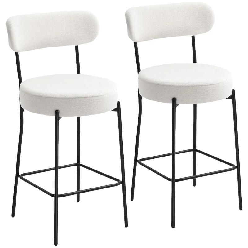 HOMCOM Lot de 2 tabourets de bar en tissu bouclette, chaises de bar avec dossier courbé, repose-pieds, 49x52x95cm, crème