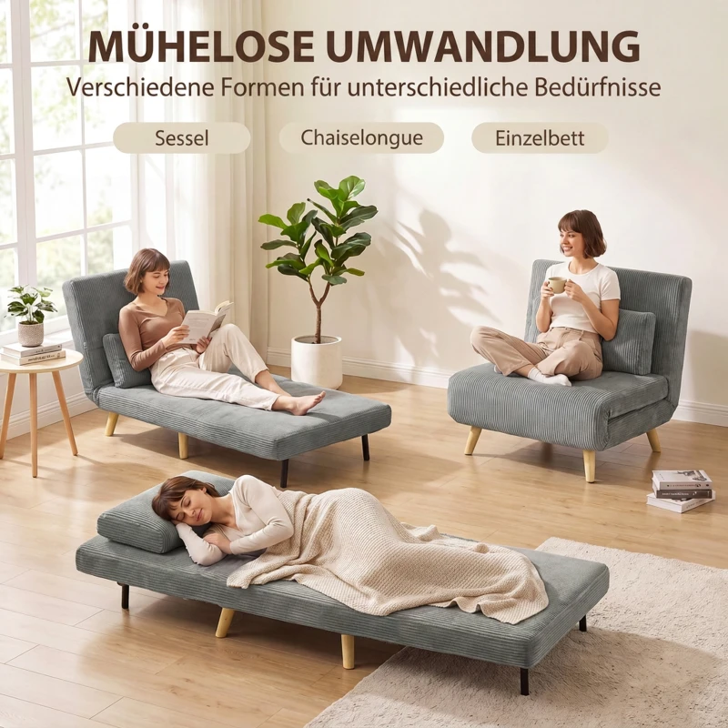 HOMCOM Schlafsessel 3-in-1, ausklappbarer Sessel aus Cord mit Schlaffunktion verstellbare Rückenlehne, Kissen Dunkelgrau