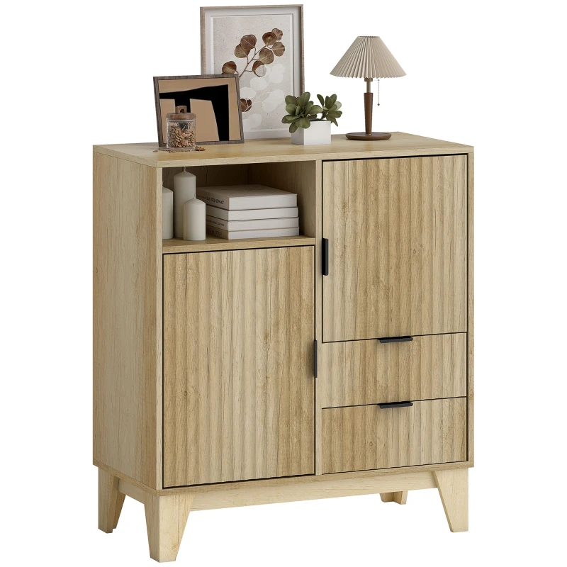 HOMCOM Buffet salon, meuble de rangement, 2 portes, 2 tiroirs, étagère réglable, compartiment ouvert, 80x40x90cm, bois naturel