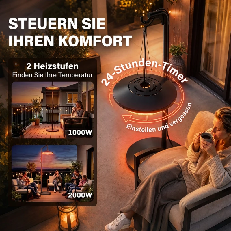 Outsunny Infrarot Heizstrahler Hängend 2000W Carbonfaser Deckenheizstrahler mit LED-Beleuchtung Touch & Fernbedienung 2 Heizstufe