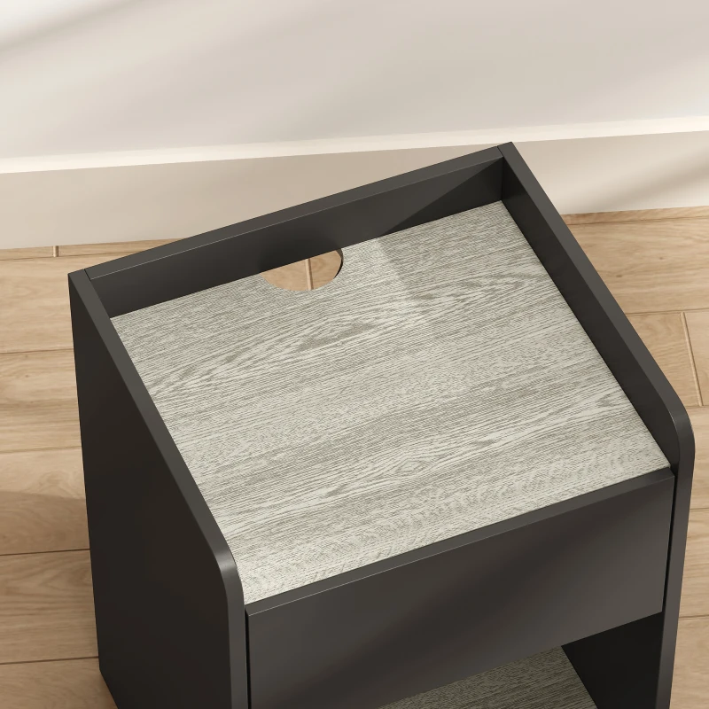 HOMCOM Modern Bedside Table, Slim Nightstand with Drawer, Shelf and Cable Holes, Black and Grey Wood Effect