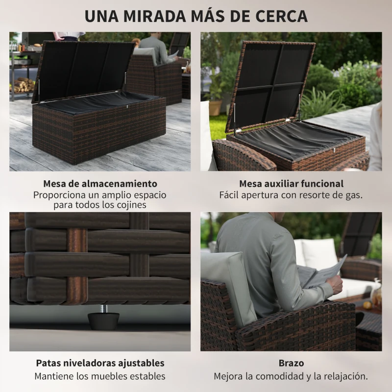 Outsunny Conjunto de Jardín Exterior de Ratán 6 Piezas Cojines Sofá Doble Sofá 3 Plazas 2 Sillones 2 Mesas Auxiliares Beige