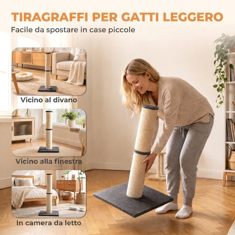 PawHut Tiragraffi per Gatti Alto 80 cm con Corda in Sisal e Base in Truciolato e Peluche, Grigio Scuro