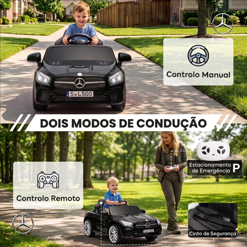 AIYAPLAY Carro Elétrico Infantil Mercedes-Benz SL500 12V com Comando à Distância 2,4 GHz, 2 Motores, Suspensão e Arranque Suave, Preto