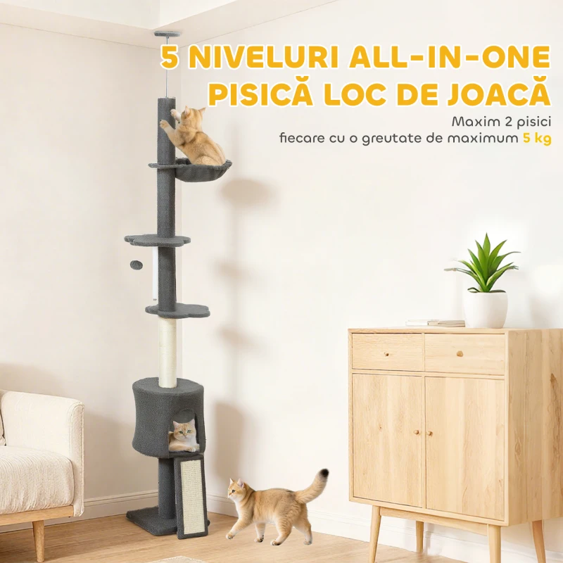 PawHut Arbore pentru Pisici la Tavan Înalt 220-240 cm cu Hamac, Căsuță, Platforme în Formă de Floare și Stâlpi din Sisal, Gri