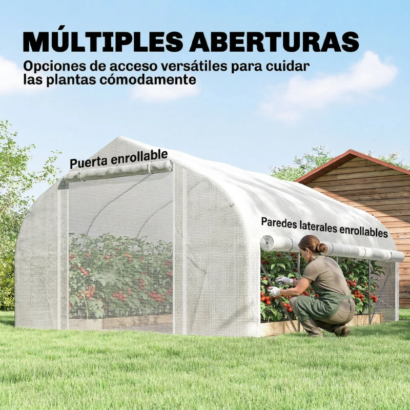 Outsunny Invernadero de Túnel 4x3x2 m con Puerta de Malla y 8 Ventanas con Techo Puntiagudo Cubierta de PE Blanco