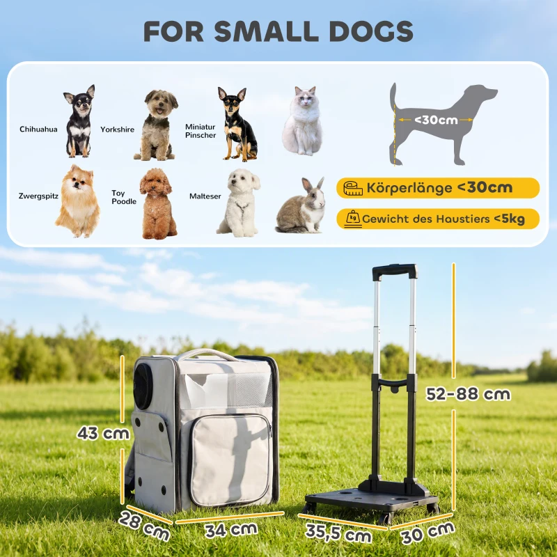 PawHut Dierentransporttas met wieltjes inklapbare transportbox voor honden katten tot 5 kg, ademende trolley Grijs