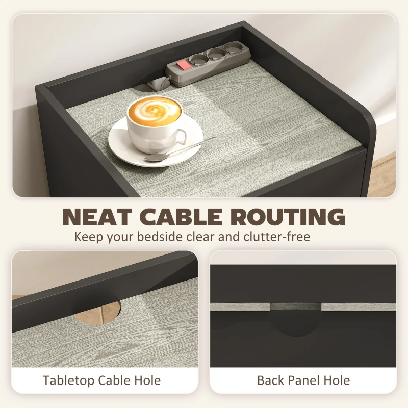 HOMCOM Modern Bedside Table, Slim Nightstand with Drawer, Shelf and Cable Holes, Black and Grey Wood Effect