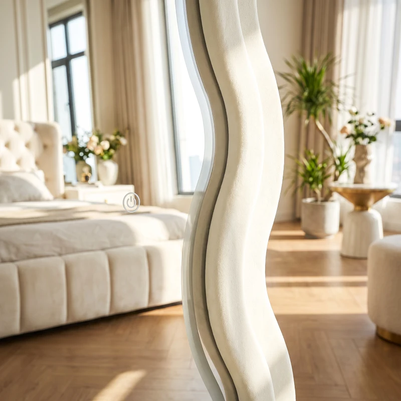HOMCOM Full Length Mirror, 160 x 60 cm Wavy Full Body Wall Standing Mirror with Velvet Frame and LED Light Strip, Cream White