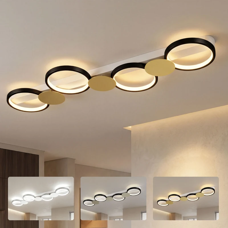 HOMCOM Plafonnier LED 38W, luminaire plafonnier 4 lumières à montage affleurant, télécommande, 100 x 31 x 7 cm, doré et noir