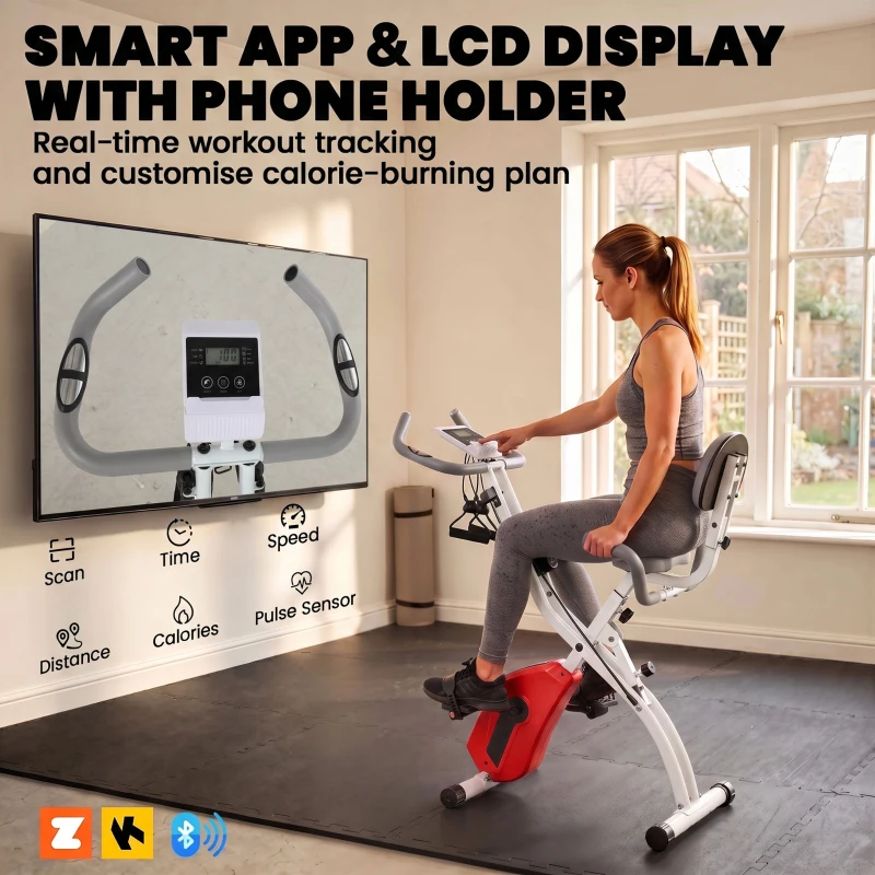 SPORTNOW 4-In-1 Folding Exercise Bike with Resistance Bands, Bluetooth App, 8-Level Magnetic Resistance, LCD Display, Orange