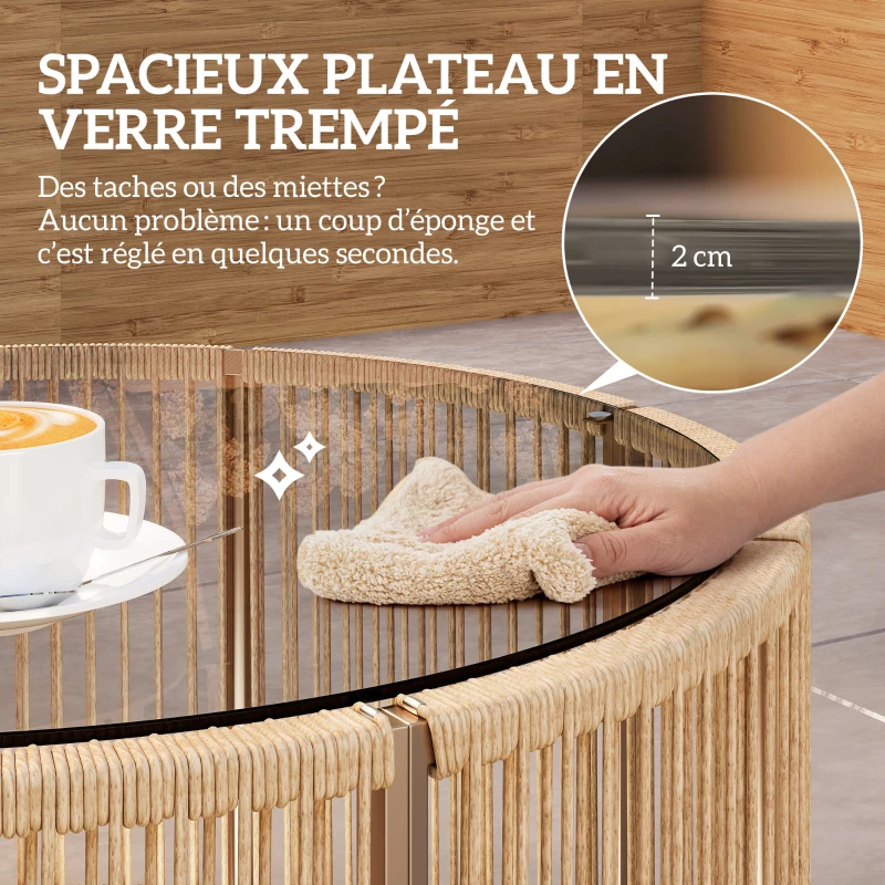 Outsunny Table Basse de Jardin Ronde en Résine Tressée, Plateau en Verre Trempé et Cadre en Acier Galvanisé, 70x70x33cm, Marron
