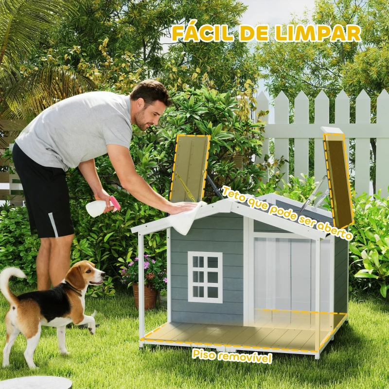 PawHut Casota para Cães Resistente às Intempéries Elevada em Madeira com Telhado de Betume Terraço para Cães de Porte Médio 103x107x83,5 cm Cinza