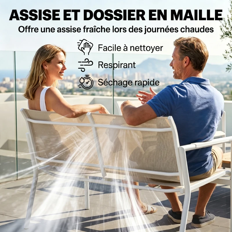 Outsunny Salon de Jardin 4 Pièces en Textilène, Canapé, 2 Fauteuils, Table Basse avec Plateau en Métal, 106x70,5x77cm, Crème