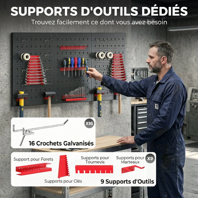 HOMCOM panneau perforé mural 600 x 400 mm, organiseur garage en acier avec 3 panneaux perforés, noir et rouge