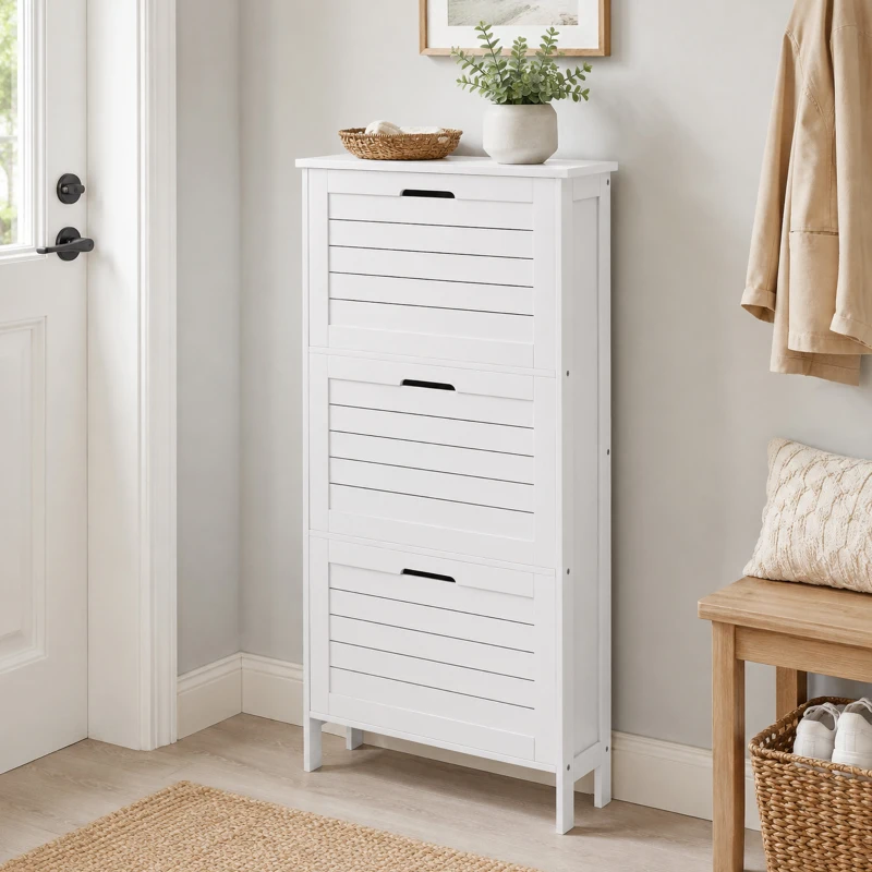 HOMCOM Narrow Shoe Cabinet with 3 Flip Drawers - White