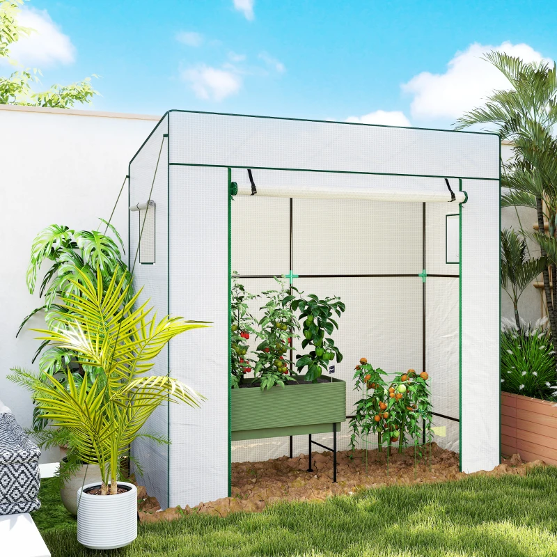 Outsunny Serre de jardin murale adossée avec 1 porte enroulable, bâche PE renforcée, 2 fenêtres, dim. 196L x 77l x 197/178H cm