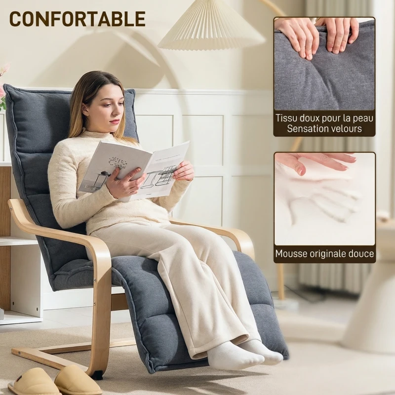 HOMCOM Fauteuil Salon, Fauteuil d'Appoint Rembourré en Velours, Repose-Pieds Réglable, Structure Acier, 67x93x105cm, Gris Foncé