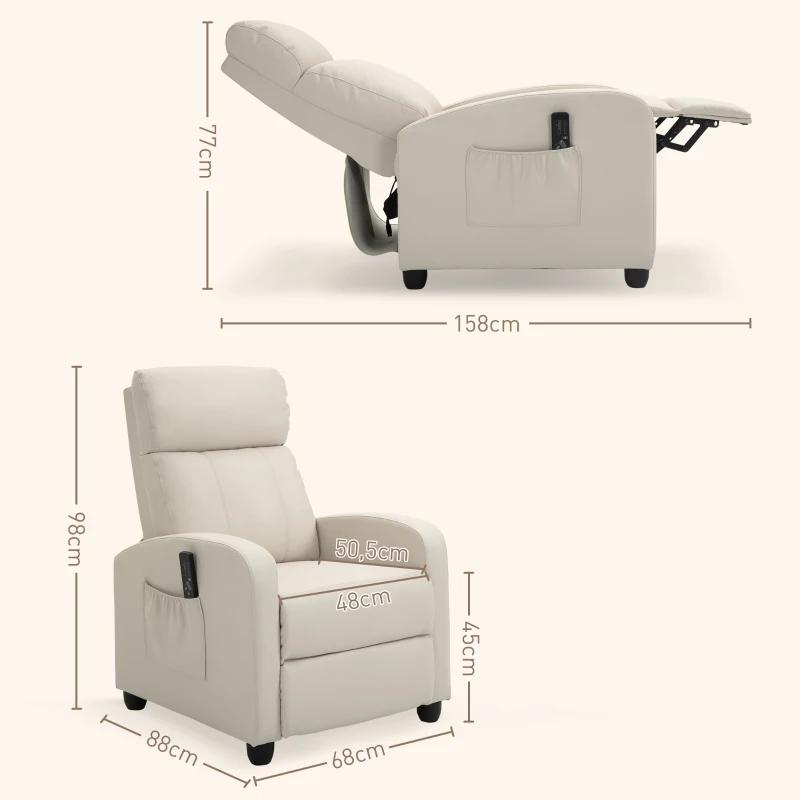 HOMCOM Fotel relaks fotel TV z wibracyjnym masażem, funkcja leżanki, 2 punkty masażu, pilot, 68 x 88 x 98 cm kremowy