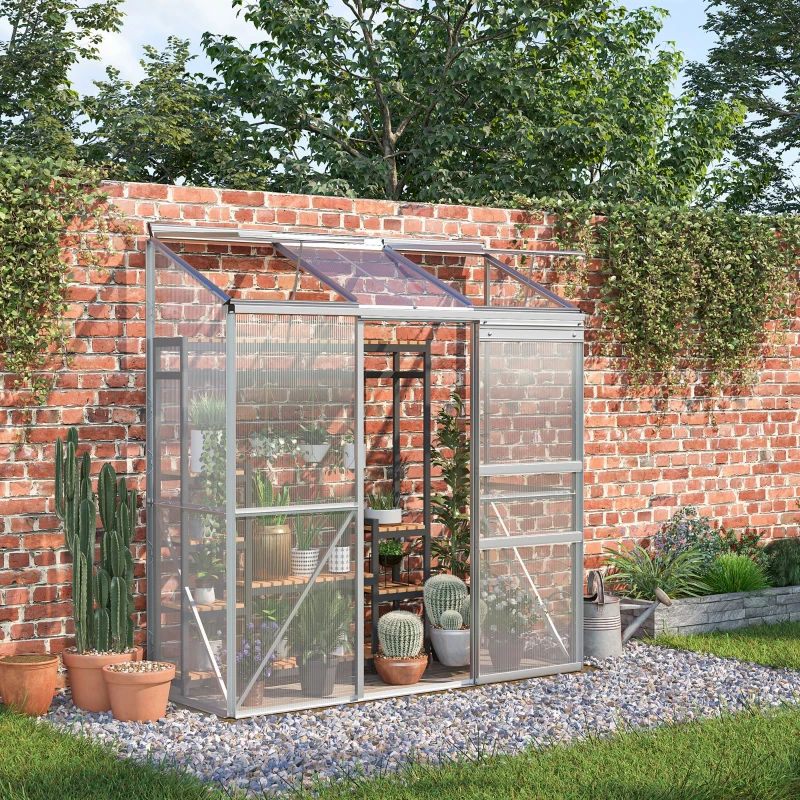 Outsunny Serre adossée serre de jardin fenêtres ouvrables à 5 niveaux panneau en PC cadre aluminium 192 x 68 x 196 cm transparent(m-10)
