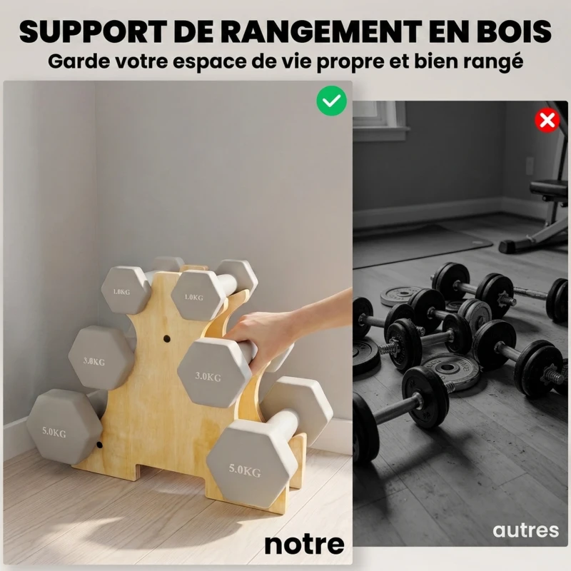 SPORTNOW Lot de 3 Paires d'Haltères Hexagonaux Antidérapants 18 kg en Fonte, Revêtement PVC, avec Support en Bois, Gris Clair