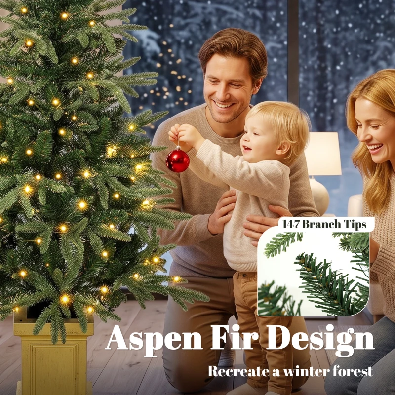 HOMCOM Set of 2 Prelit Christmas Trees with Dual-Colour LEDs, Remote, 4ft Artificial Aspen Fir Battery-Operated, 11 Modes, Pot