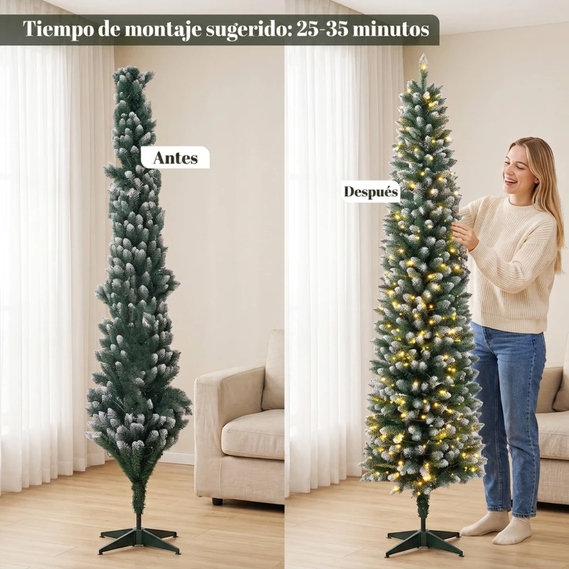 HOMCOM Árbol de Navidad Estrecho Nevado con 170 Luces LED Bicolor 180 cm 351 Ramas Ignífugo 11 Modos Mando a Distancia Verde