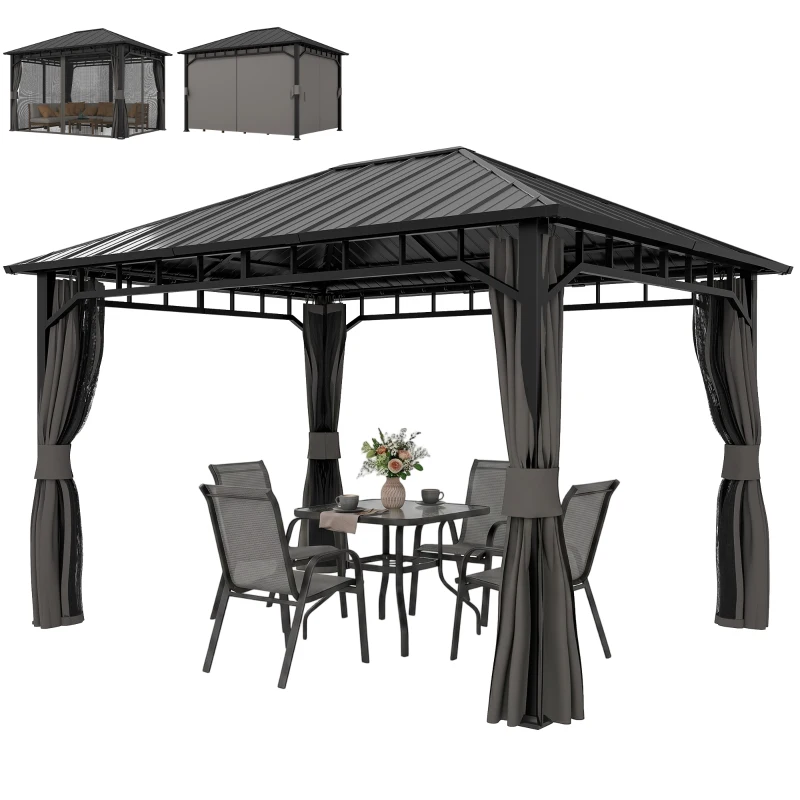 Outsunny 3 x 4m Hardtop Gazebo with Galvanised Steel Roof and Water Gutter, Waterproof Permanent Pavilion Garden Gazebo with Netting and Curtains for Patio, Deck